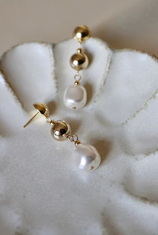 Gold Ball and Baroque Pearl Drop Earrings